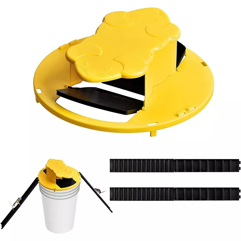 Newly upgraded double-sloped clamshell bucket lid mousetrap with automatic reset