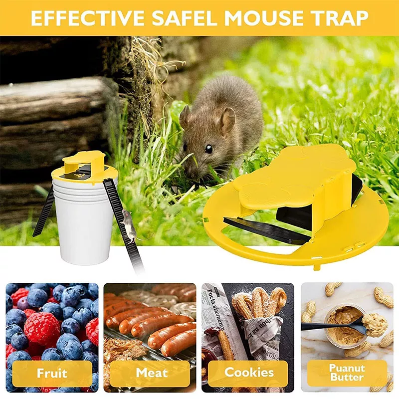 Newly upgraded double-sloped clamshell bucket lid mousetrap with automatic reset